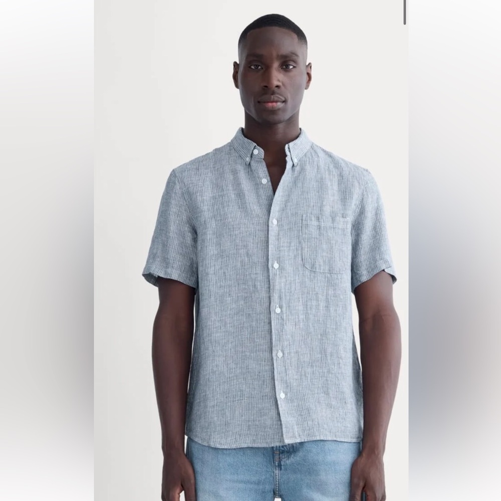 Everlane men’s classic short sleeve Navy pinstripe Striped Casual linen Shirt